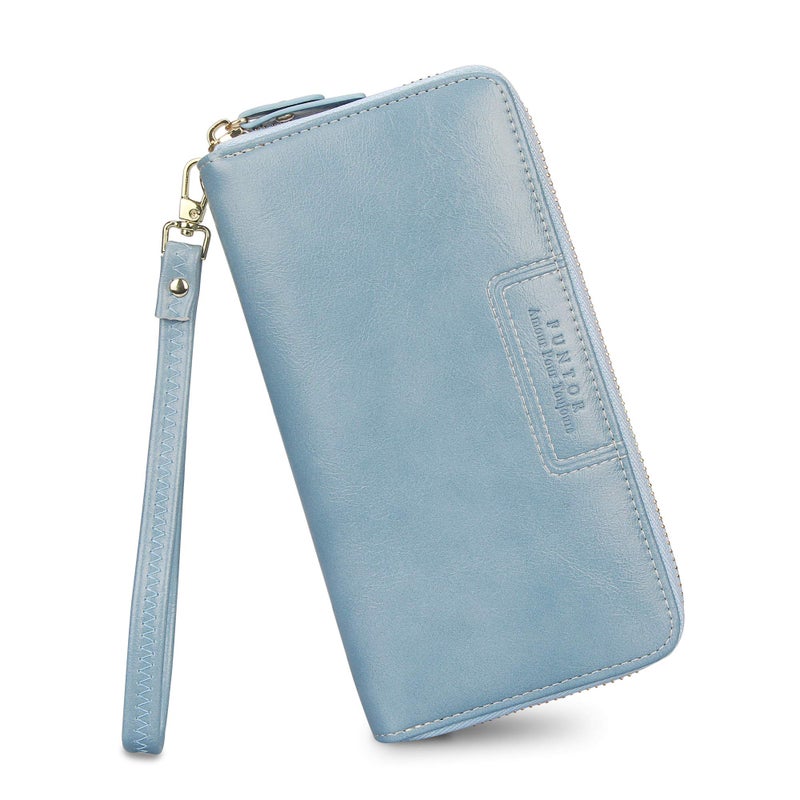 FT FUNTOR Wristlet Wallet for Women, Ladies Zip around Wallet PU Vegan Leather Clutch Long Purse Phone Card Holder Organizer Blue - Image 1